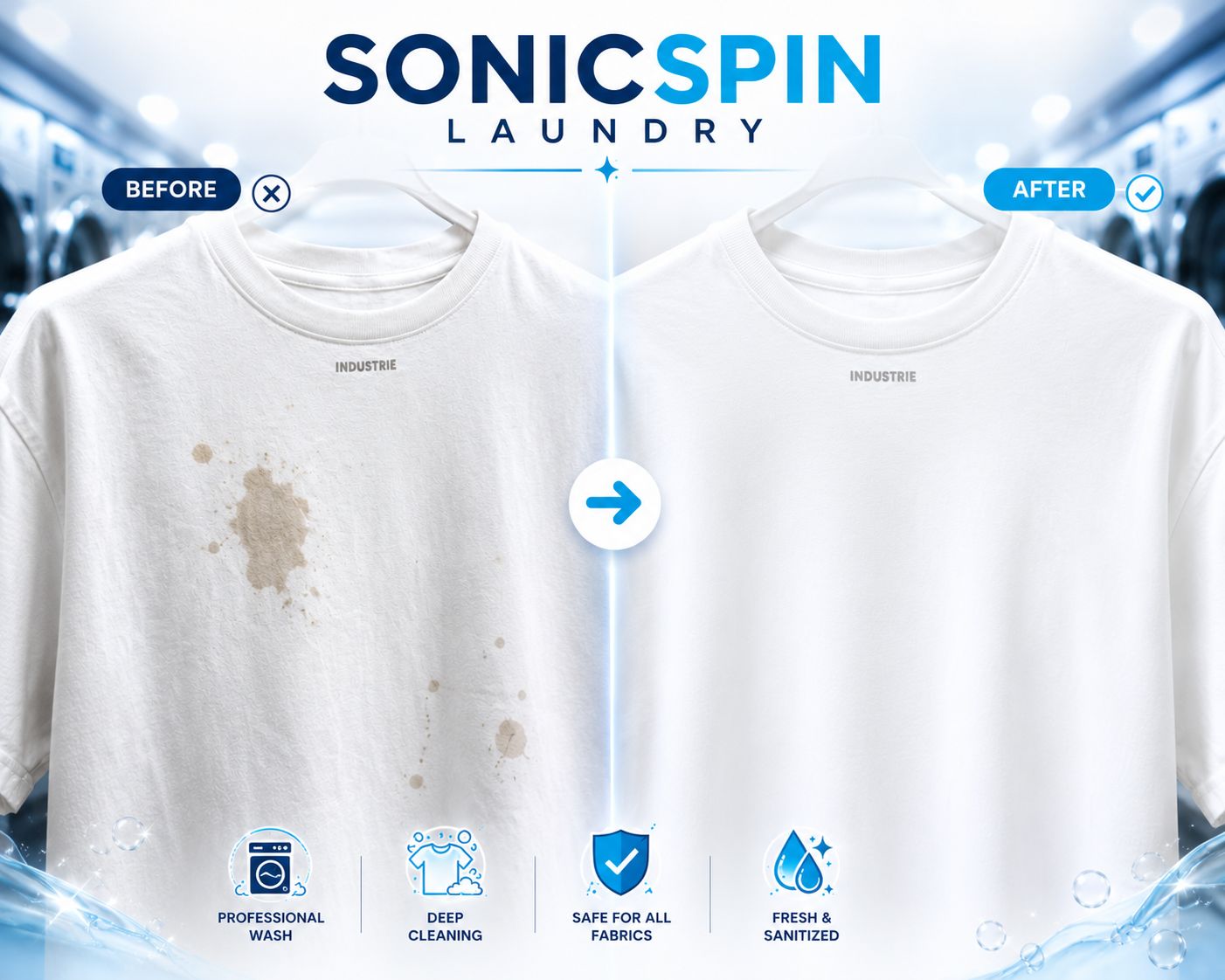 White t-shirt before and after stain removal by SonicSpin Laundry
